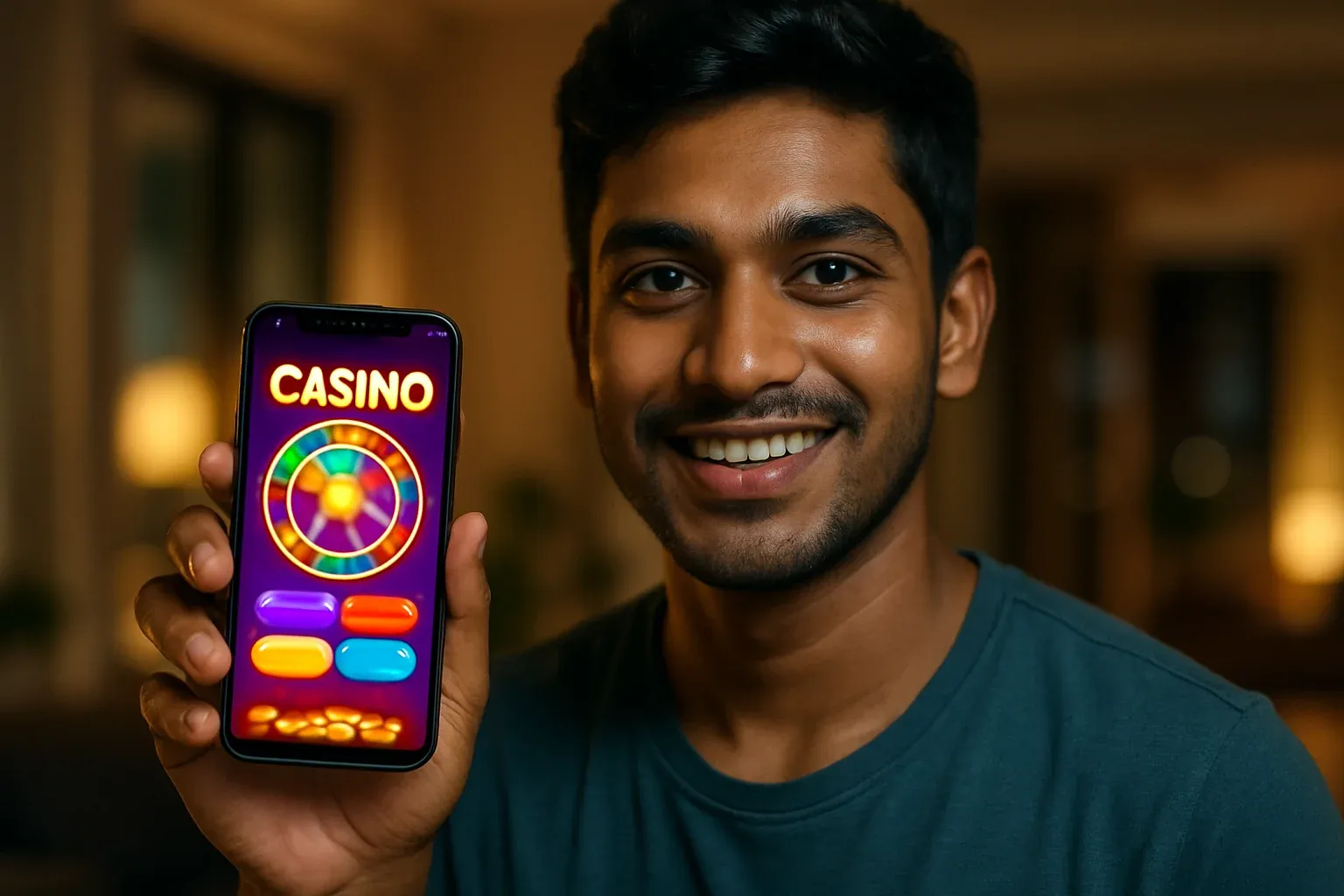Young Bangladeshi man holding smartphone showing colorful mobile casino app