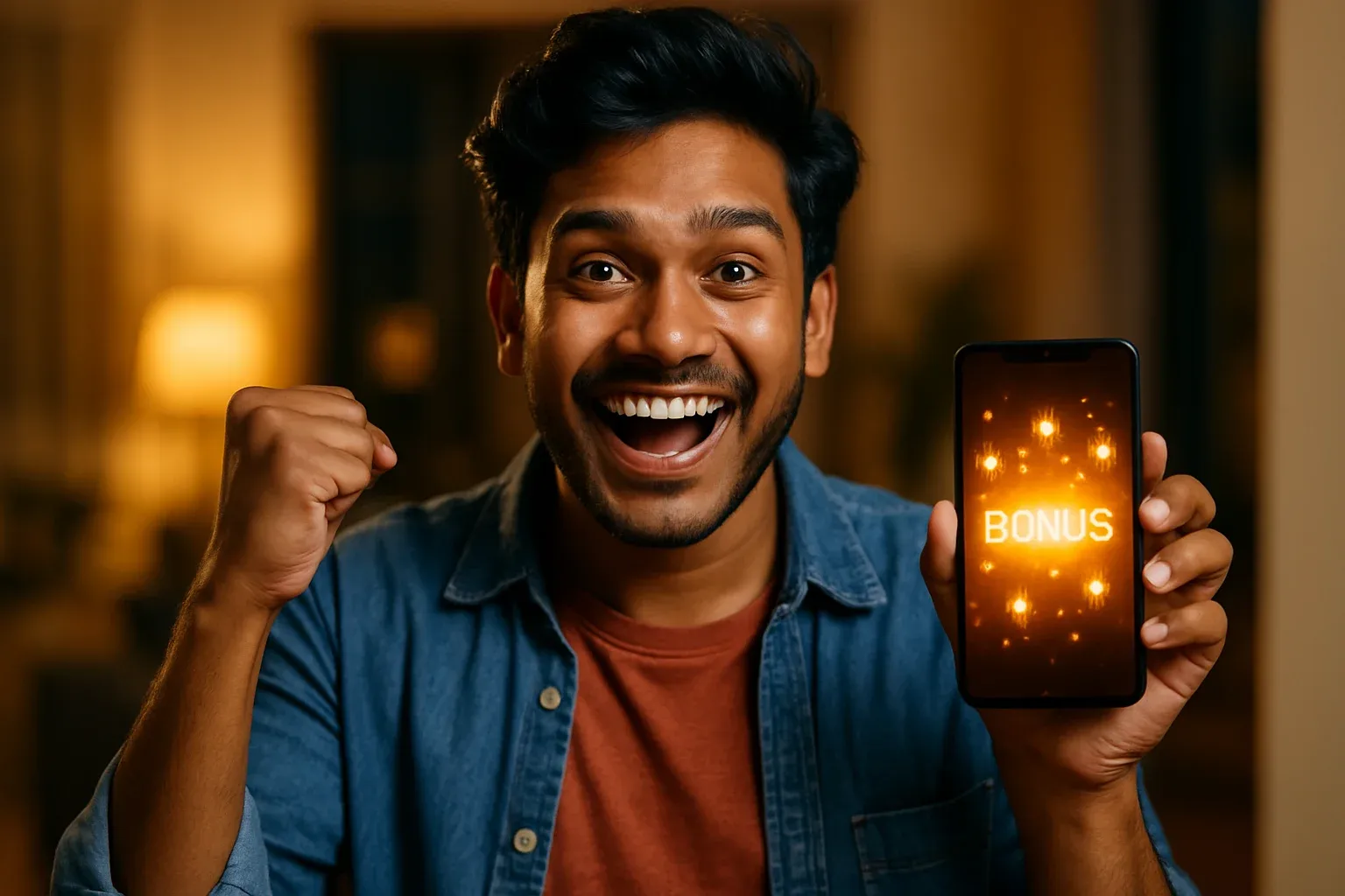 Joyful Bangladeshi man holding smartphone with glowing bonus notification screen
