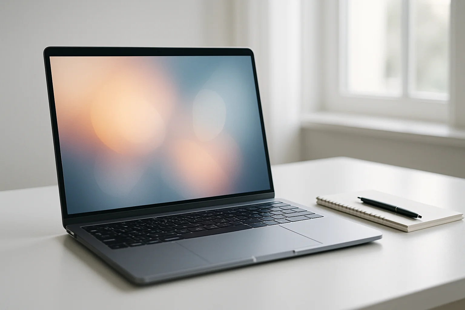 Modern laptop on white desk with abstract glowing screen