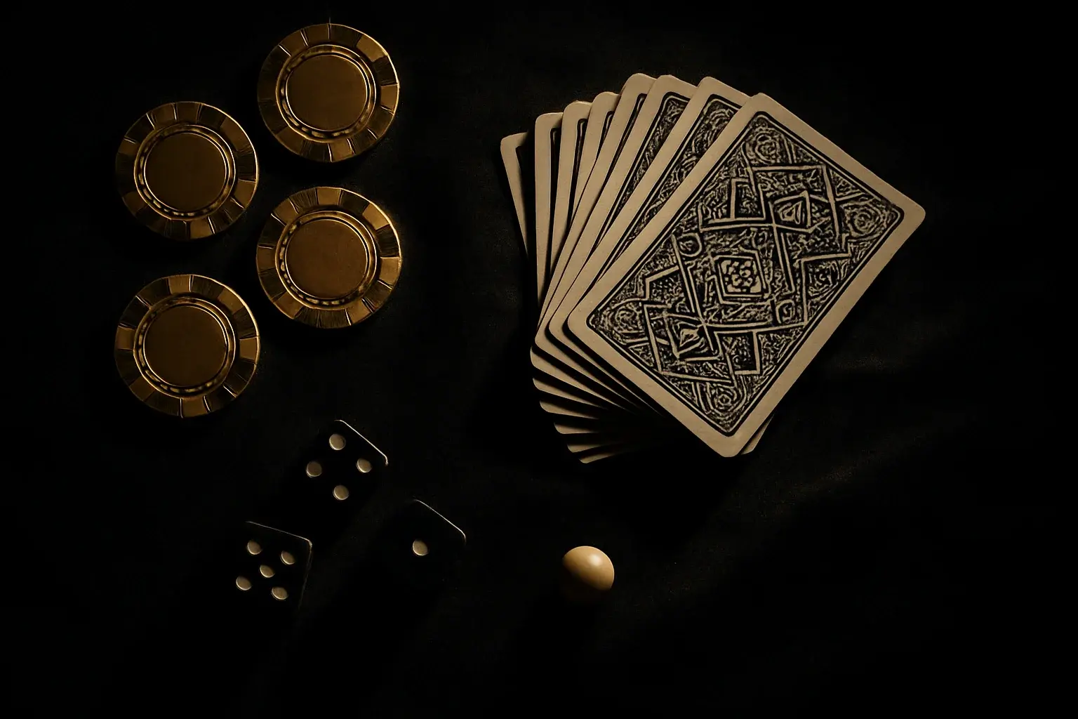 Top-down casino scene with golden chips, cards, dice, and roulette ball