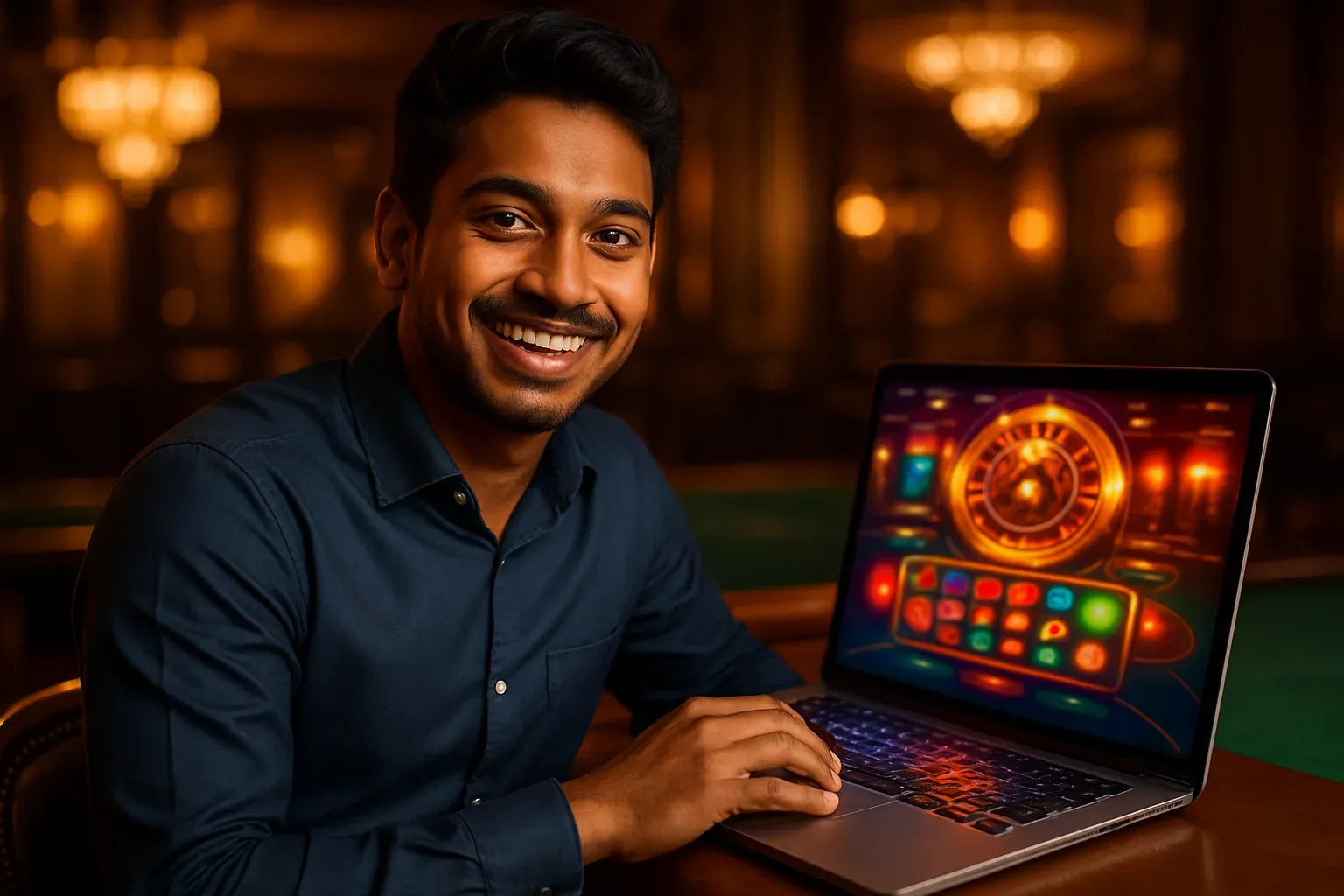 Cheerful Bangladeshi man with open laptop at premium casino lounge