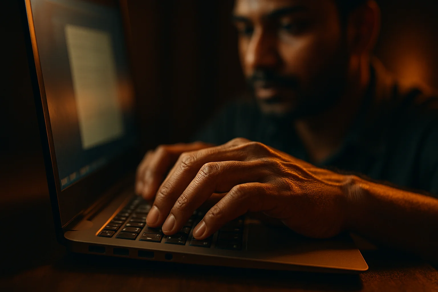 Bangladeshi man's hands typing on modern laptop keyboard in dramatic light