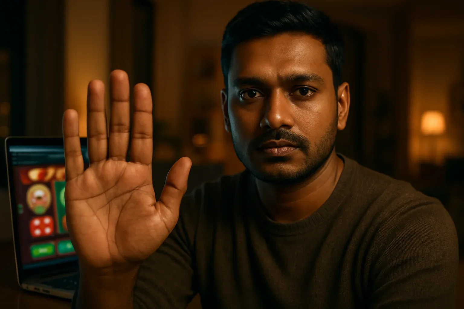 Bangladeshi man making stop gesture near laptop for responsible gambling awareness