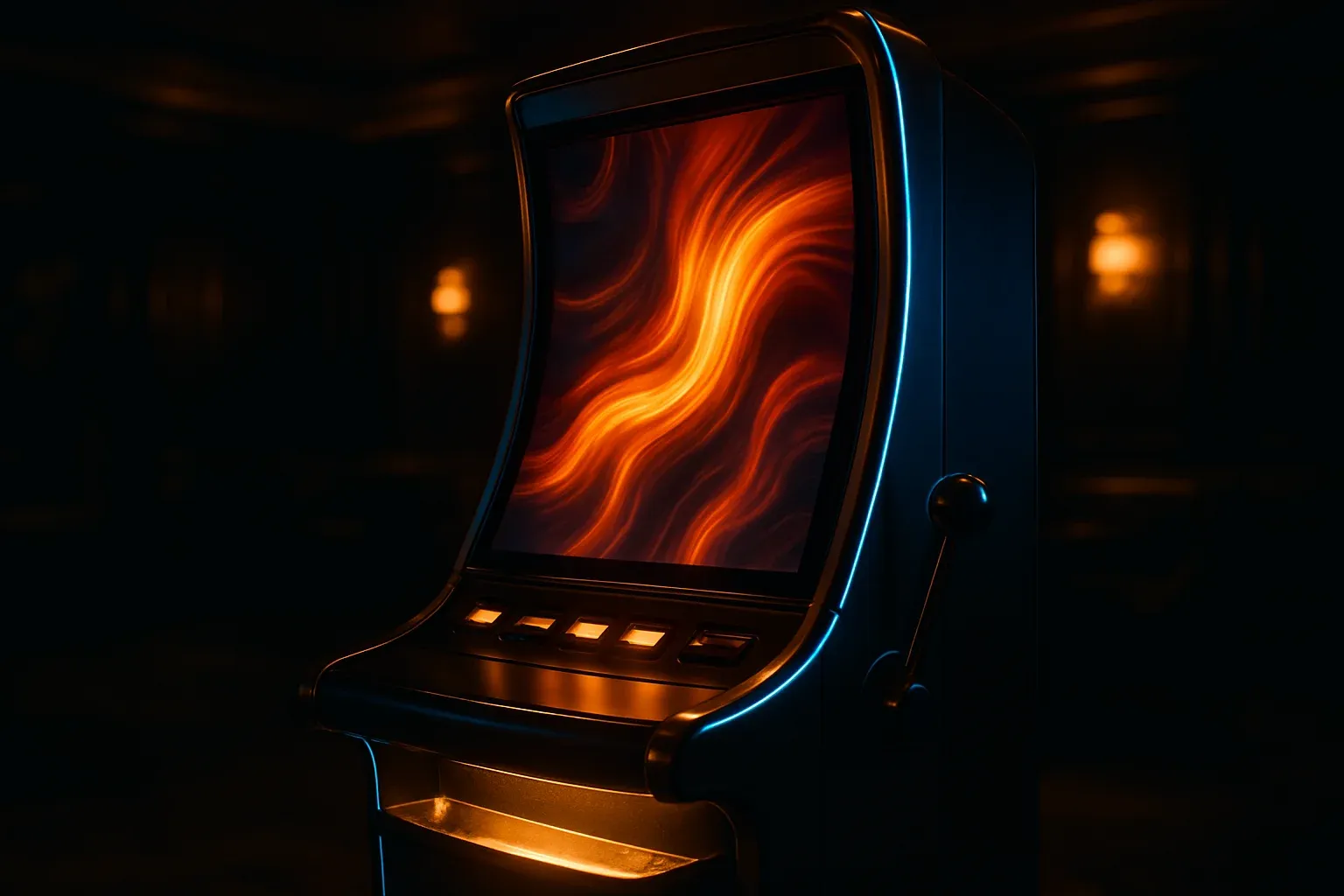 Hyperrealistic premium slot machine in dark luxury setting with neon lighting